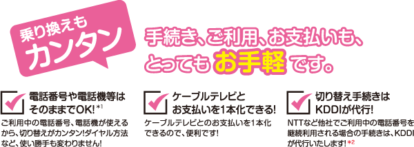 乗り換えもカンタン。手続き、ご利用、お支払いも、お手軽とってもです。
